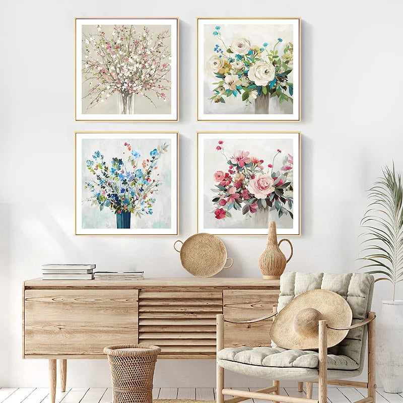 Pink Blue Delightful Floral Wall Art Fine Art Canvas Prints - Modern Square Format Botanical Art For Living Room Dining Room Bedroom Art Decor