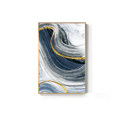 Blue Grey Golden Flowing Abstract Wall Art Fine Art Canvas Prints - Modern Artworks For Living Room Dining Room Bedroom Art For Light Luxury Home Decor