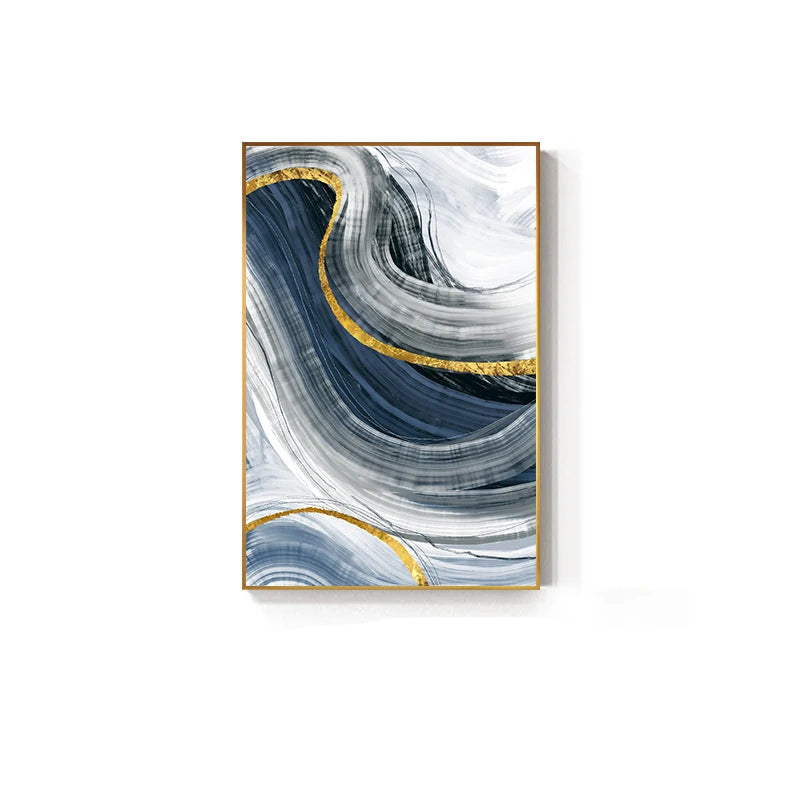 Blue Grey Golden Flowing Abstract Wall Art Fine Art Canvas Prints - Modern Artworks For Living Room Dining Room Bedroom Art For Light Luxury Home Decor
