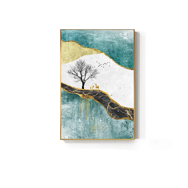 Golden Birds Butterfly Tree Auspicious Wall Art Fine Art Canvas Prints - Light Luxury Abstract Landscape Pictures For Living Room Dining Room Art For Modern Interiors