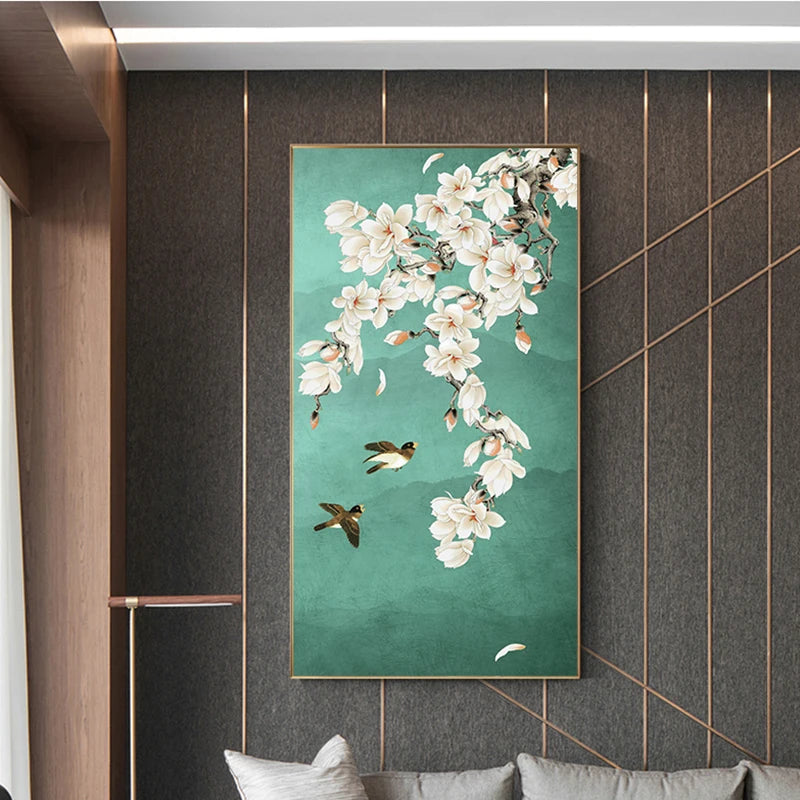 Oriental Blossom Floral Wall Art Fine Art Canvas Prints - Vintage Chinoiserie Pictures For Living Room Dining Room Bedroom Art Decor