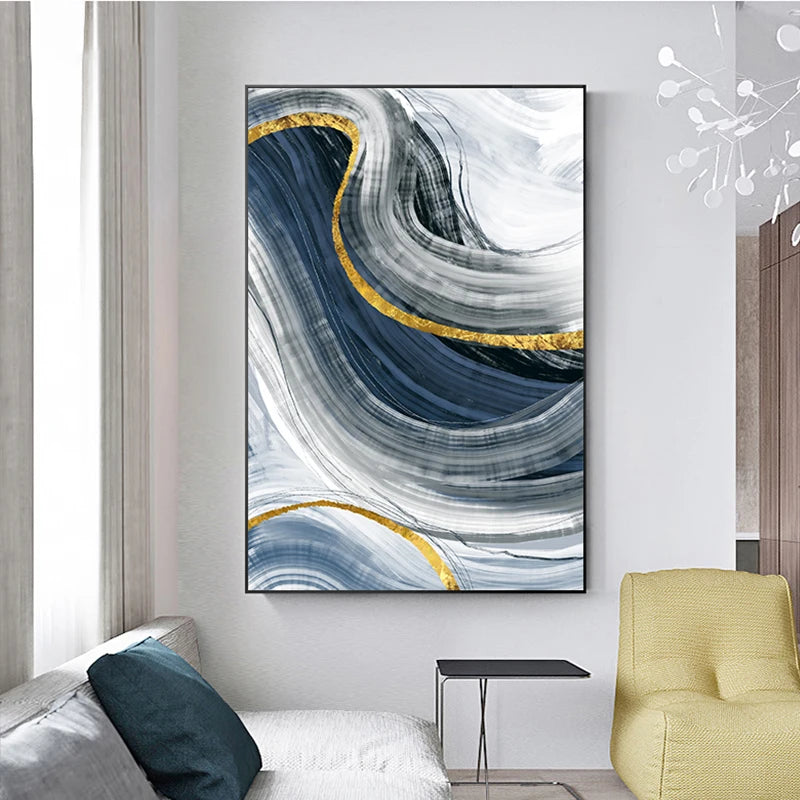 Blue Grey Golden Flowing Abstract Wall Art Fine Art Canvas Prints - Modern Artworks For Living Room Dining Room Bedroom Art For Light Luxury Home Decor