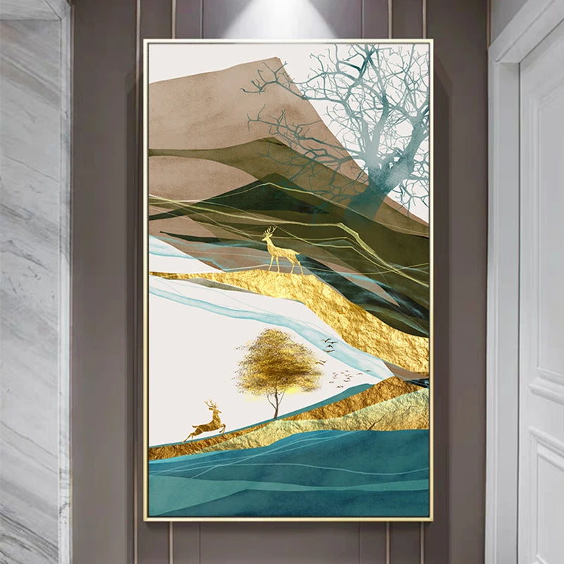 Golden Deer Auspicious Landscape Wall Art Fine Art Canvas Prints - Modern Luxury Abstract Artworks For Living Room Dining Room Home Office Art Decor