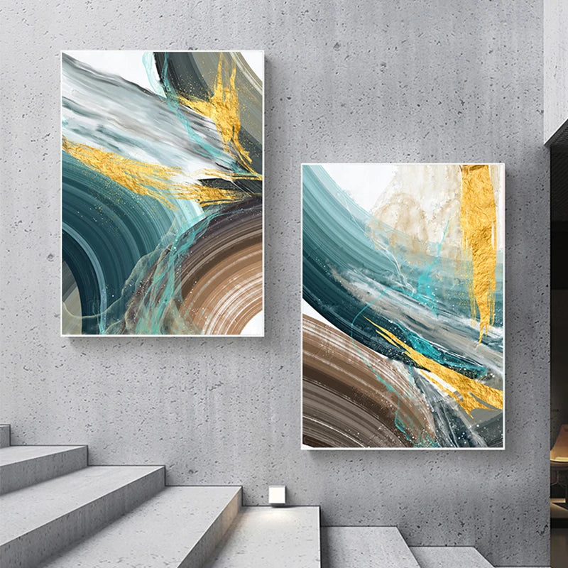 Modern Abstract Brown Green Golden Geode Wall Art Fine Art Canvas Prints - Chic Stylish Artworks For Living Room Dining Room Light Luxury Home Decor.
