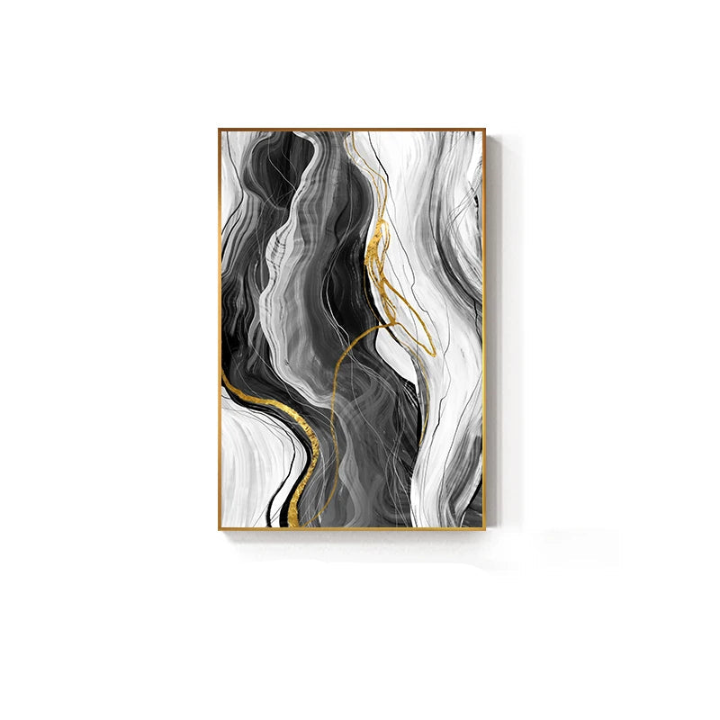 Blue Grey Golden Flowing Abstract Wall Art Fine Art Canvas Prints - Modern Artworks For Living Room Dining Room Bedroom Art For Light Luxury Home Decor