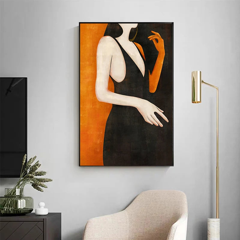 Girl In Black Dress Big Hat Fashion Wall Art Fine Art Canvas Prints - Modern Abstract Fashion Art For Living Room Boutique Salon Art Decor