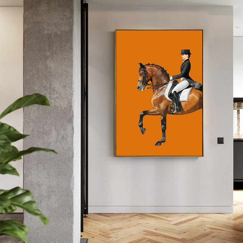 Chic Orange Black Dressage Wall Art Fine Art Canvas Print - Modern Equestrian Pictures For Living Room Dining Room Art For Contemporary Interiors