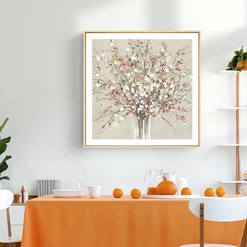 Pink Blue Delightful Floral Wall Art Fine Art Canvas Prints - Modern Square Format Botanical Art For Living Room Dining Room Bedroom Art Decor