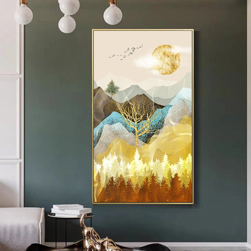 Golden Deer Auspicious Landscape Wall Art Fine Art Canvas Prints - Modern Luxury Abstract Artworks For Living Room Dining Room Home Office Art Decor