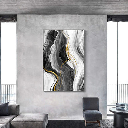 Blue Grey Golden Flowing Abstract Wall Art Fine Art Canvas Prints - Modern Artworks For Living Room Dining Room Bedroom Art For Light Luxury Home Decor
