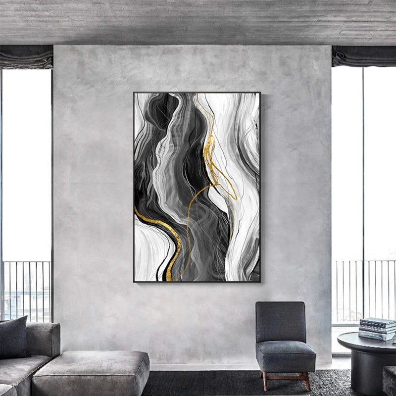 Blue Grey Golden Flowing Abstract Wall Art Fine Art Canvas Prints - Modern Artworks For Living Room Dining Room Bedroom Art For Light Luxury Home Decor