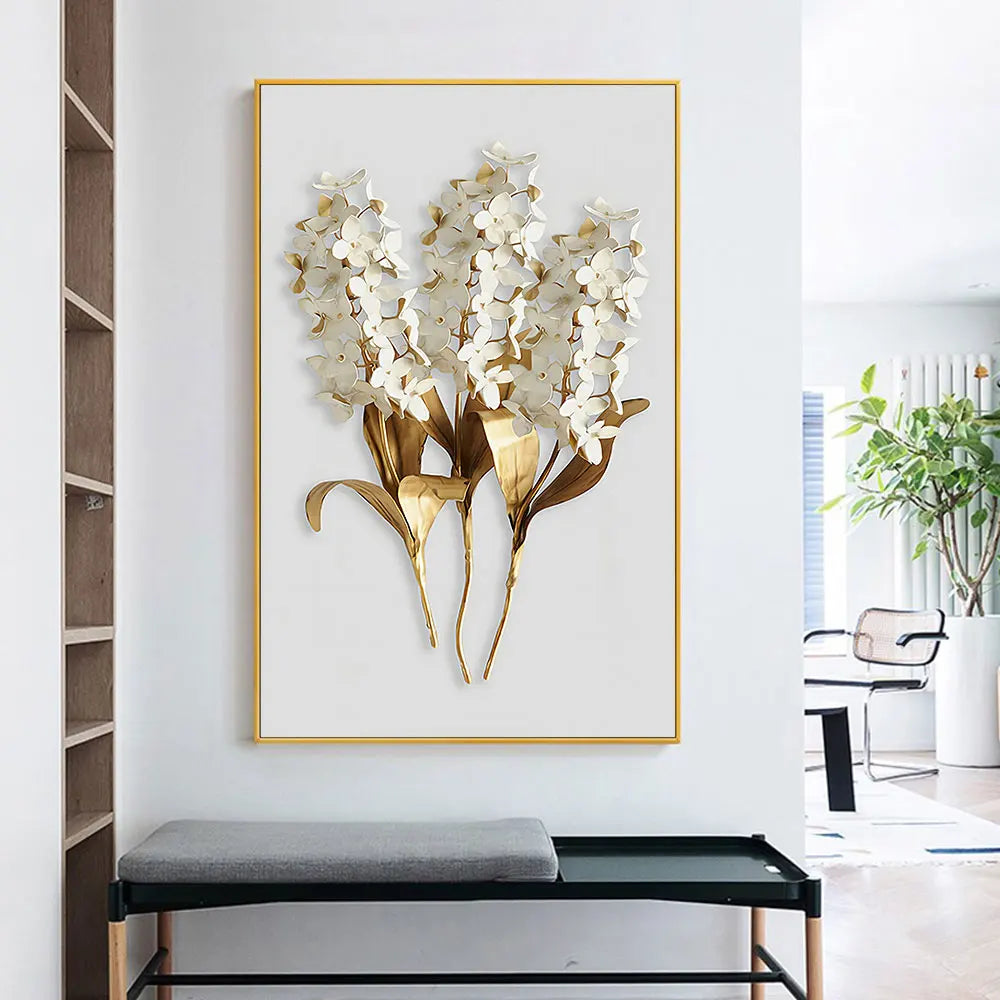 Golden White Floral Abstract Wall Art Fine Art Canvas Print - Modern Botanical Picture For Foyer Living Room Dining Room Art For Contemporary Home Office Interiors