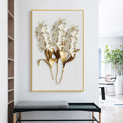 Golden White Floral Abstract Wall Art Fine Art Canvas Print - Modern Botanical Picture For Foyer Living Room Dining Room Art For Contemporary Home Office Interiors