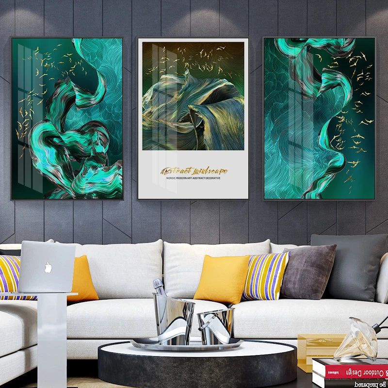 Golden Birds Flowing Abstract Landscapes Wall Art Fine Art Canvas Prints - Modern Art For Living Room Dining Room Light Luxury Auspicious Home Decor