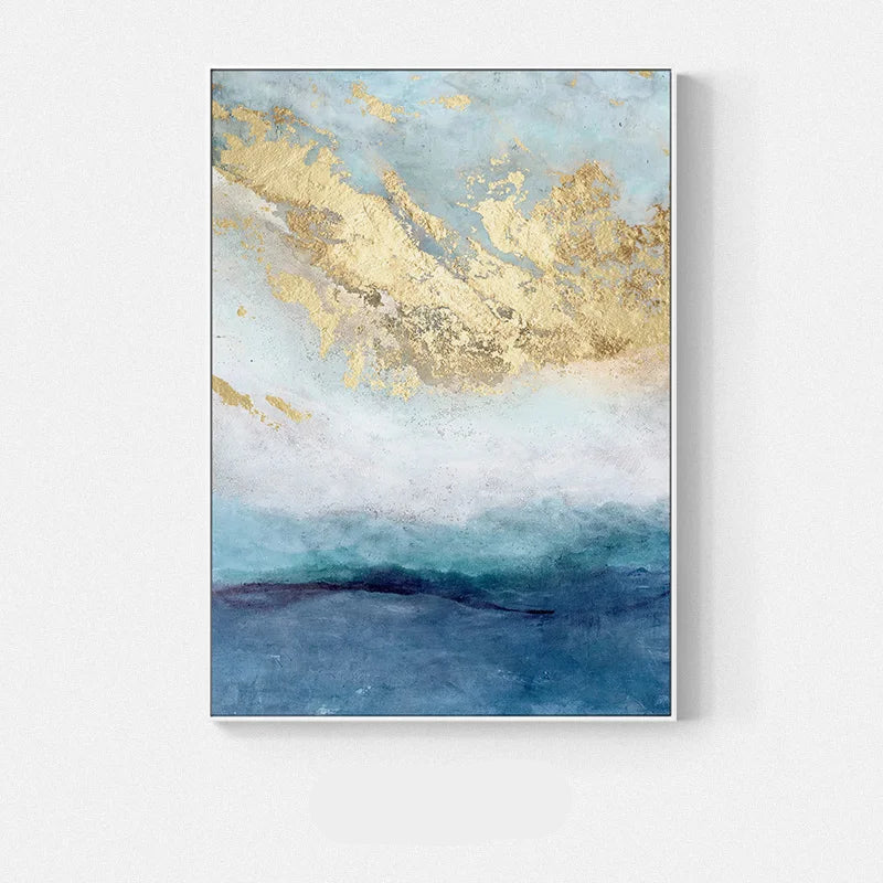 Golden Blue Marble Print Wall Art Fine Art Canvas Prints - Chic Abstract Pictures For Living Room Dining Room Home Office Art Decor