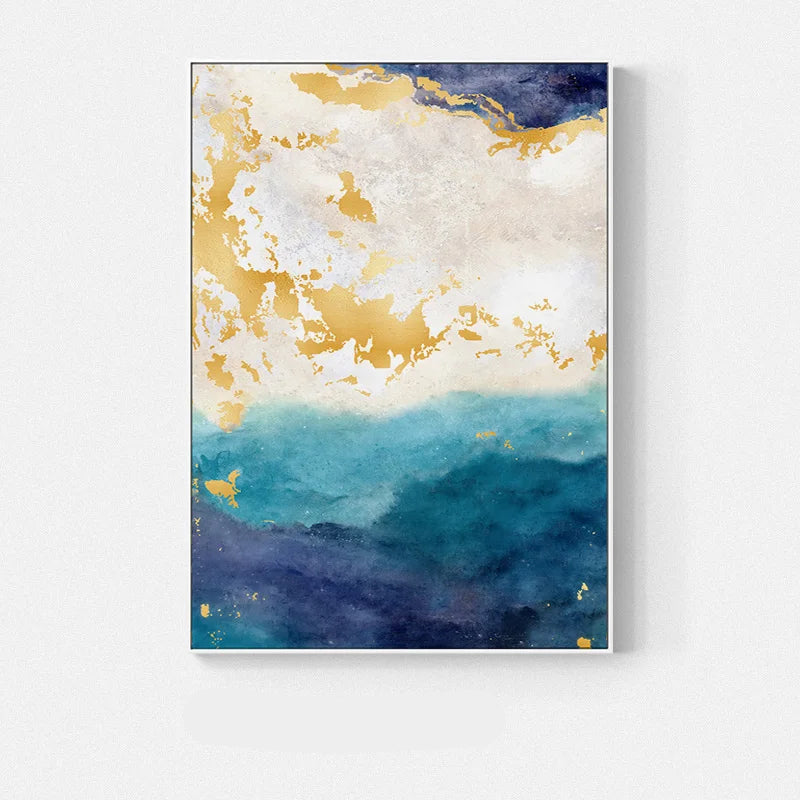 Golden Blue Marble Print Wall Art Fine Art Canvas Prints - Chic Abstract Pictures For Living Room Dining Room Home Office Art Decor
