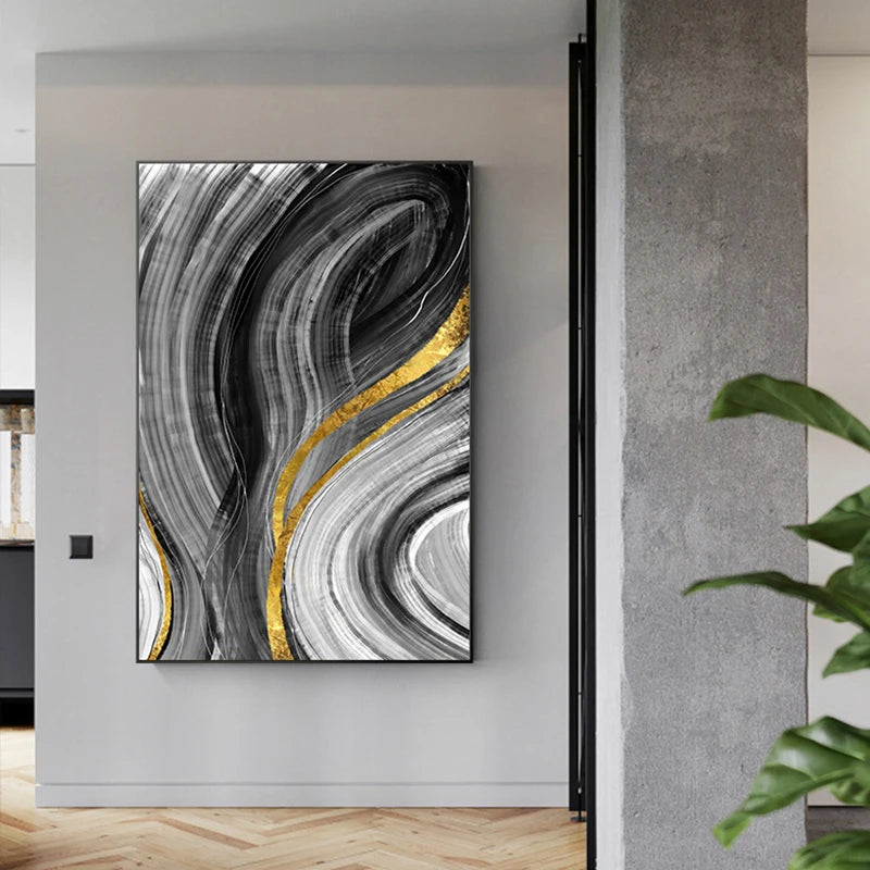 Blue Grey Golden Flowing Abstract Wall Art Fine Art Canvas Prints - Modern Artworks For Living Room Dining Room Bedroom Art For Light Luxury Home Decor
