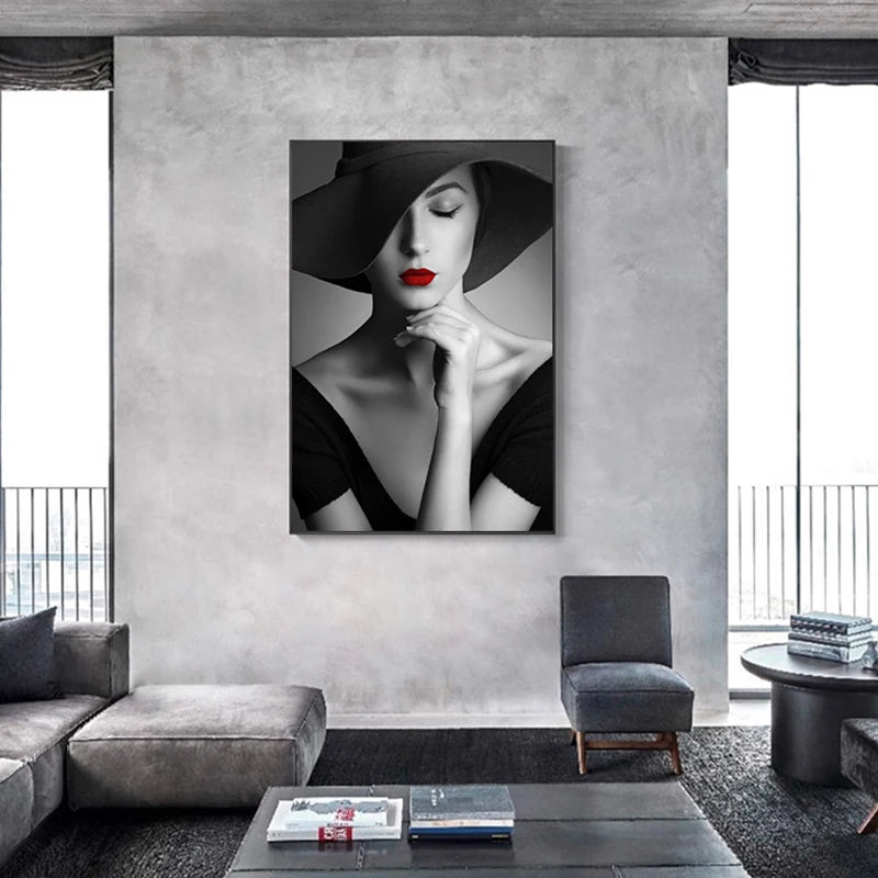 Modern Retro Black White Fashion Girl Wall Art Fine Art Canvas Prints - Pictures For Living Room Bedroom Boutique Salon Art Decor
