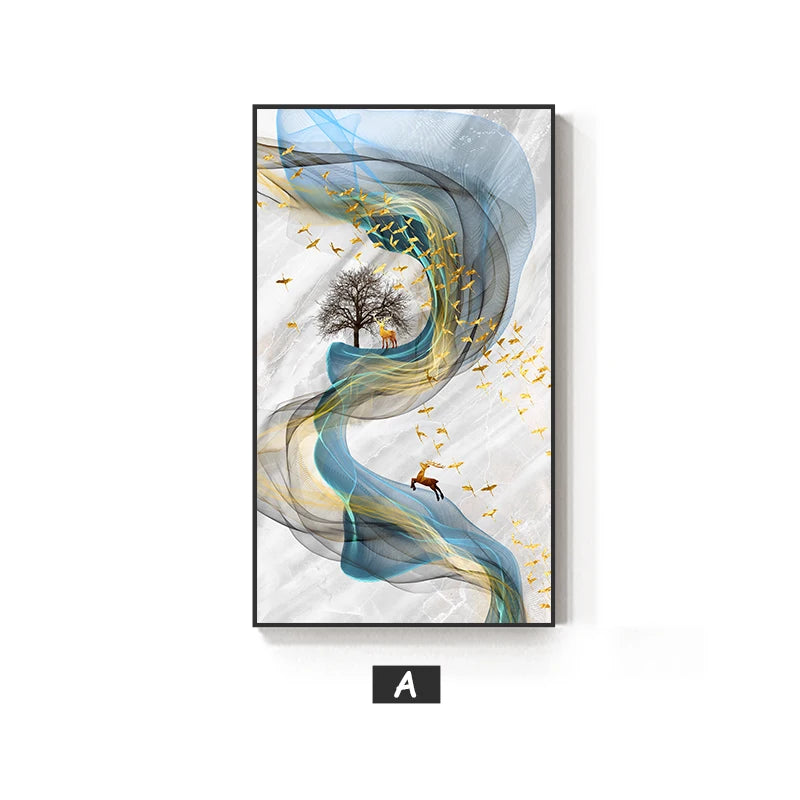 Auspicious Golden Deer Abstract Flowing Landscape Wall Art Fine Art Canvas Prints - Light Luxury Art For Modern Apartment Living Room Dining Room Entranceway Foyer Art Decor