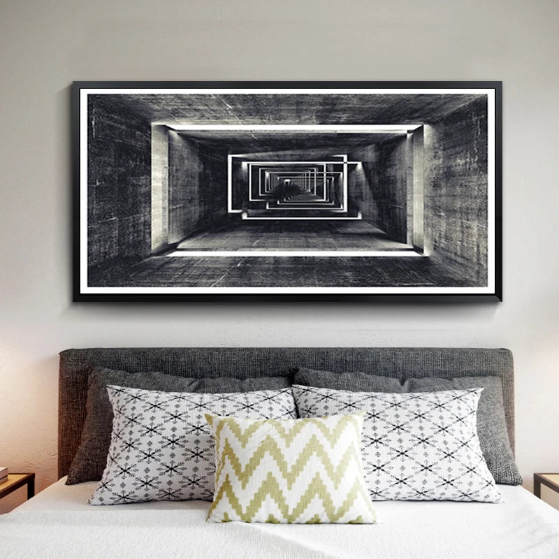 Modern Abstract Tunnel Vision Architectural Wall Art Fine Art Canvas Print - Black White Poster For Home Office Foyer Reception Room Living Room Art Decor