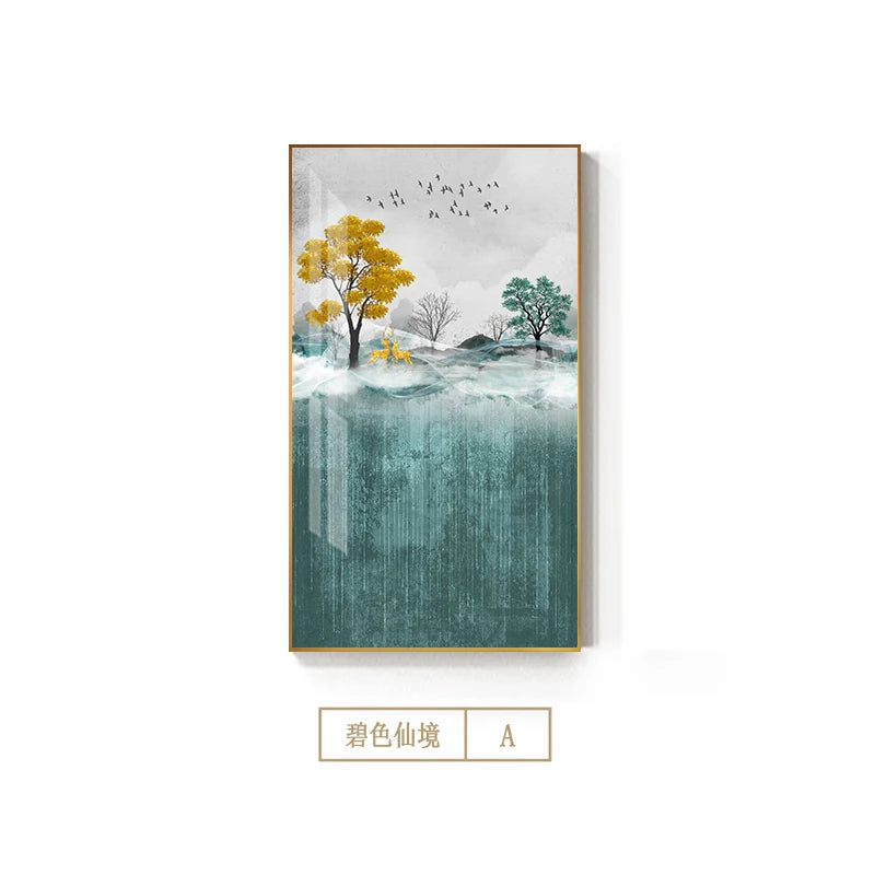 Auspicious Golden Deer Mountain Abstract Landscape Wall Art Fine Art Canvas Prints - Pictures For Living Room Dining Room Light Luxury Art For Modern Interiors