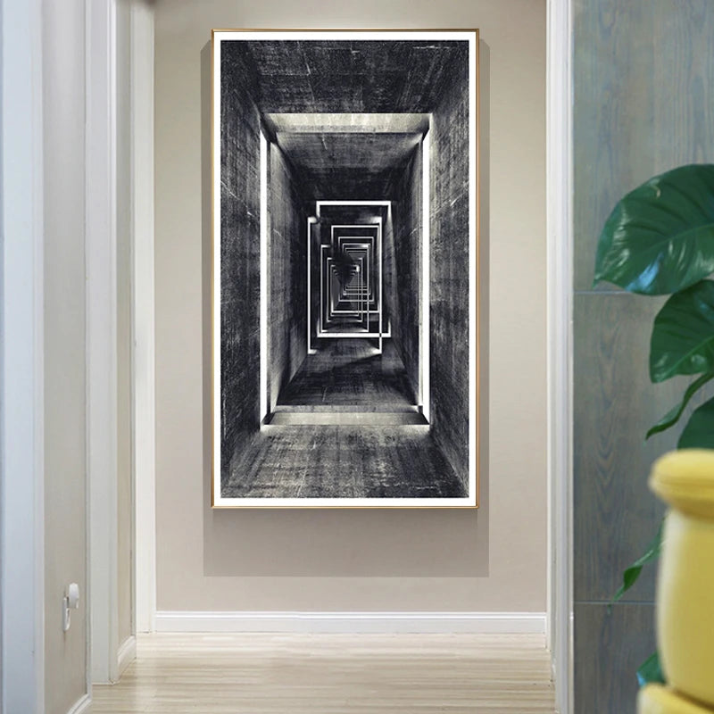 Modern Abstract Tunnel Vision Architectural Wall Art Fine Art Canvas Print - Black White Poster For Home Office Foyer Reception Room Living Room Art Decor