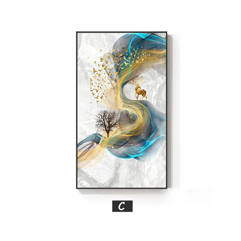 Auspicious Golden Deer Abstract Flowing Landscape Wall Art Fine Art Canvas Prints - Light Luxury Art For Modern Apartment Living Room Dining Room Entranceway Foyer Art Decor