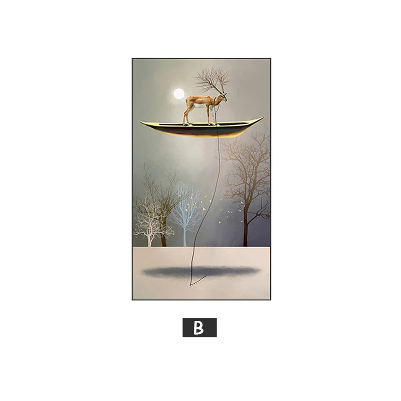 Auspicious Floating Golden Boat Surreal Wall Art Fine Art Canvas Prints - Modern Abstract Artwork For Living Room Dining Room Foyer Art For Contemporary Interiors