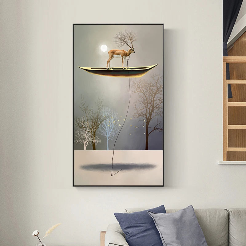 Auspicious Floating Golden Boat Surreal Wall Art Fine Art Canvas Prints - Modern Abstract Artwork For Living Room Dining Room Foyer Art For Contemporary Interiors