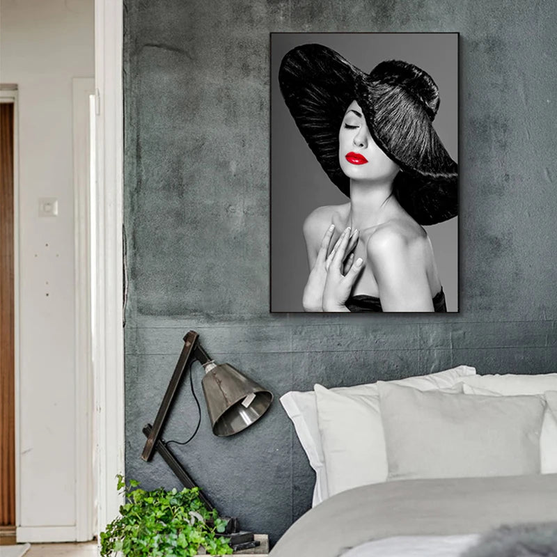 Modern Retro Black White Fashion Girl Wall Art Fine Art Canvas Prints - Pictures For Living Room Bedroom Boutique Salon Art Decor