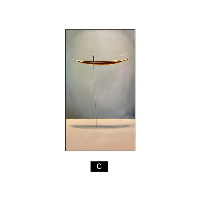 Auspicious Floating Golden Boat Surreal Wall Art Fine Art Canvas Prints - Modern Abstract Artwork For Living Room Dining Room Foyer Art For Contemporary Interiors