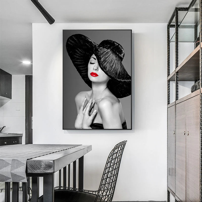 Modern Retro Black White Fashion Girl Wall Art Fine Art Canvas Prints - Pictures For Living Room Bedroom Boutique Salon Art Decor