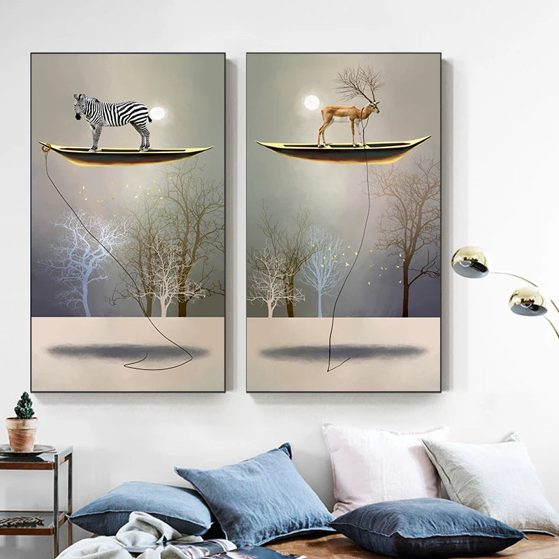 Auspicious Floating Golden Boat Surreal Wall Art Fine Art Canvas Prints - Modern Abstract Artwork For Living Room Dining Room Foyer Art For Contemporary Interiors
