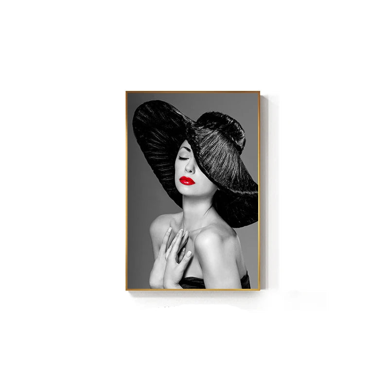 Modern Retro Black White Fashion Girl Wall Art Fine Art Canvas Prints - Pictures For Living Room Bedroom Boutique Salon Art Decor