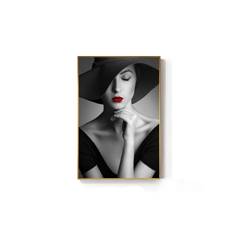 Modern Retro Black White Fashion Girl Wall Art Fine Art Canvas Prints - Pictures For Living Room Bedroom Boutique Salon Art Decor