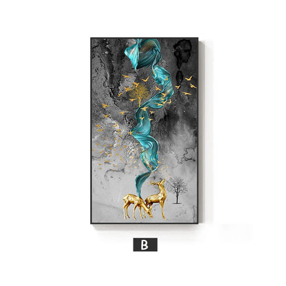 Auspicious Golden Deer Abstract Flowing Landscape Wall Art Fine Art Canvas Prints - Light Luxury Art For Modern Apartment Living Room Dining Room Entranceway Foyer Art Decor