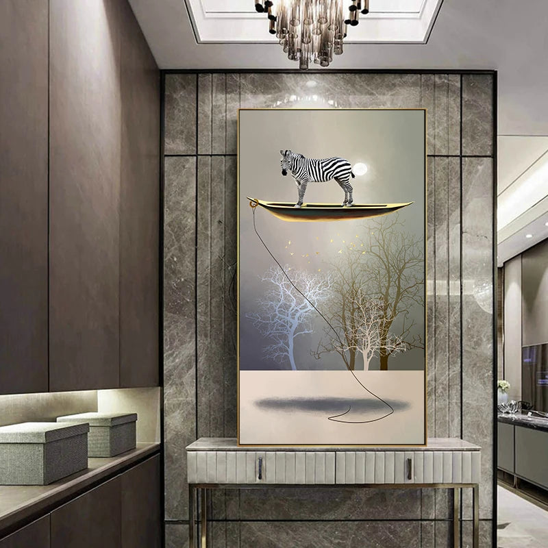 Auspicious Floating Golden Boat Surreal Wall Art Fine Art Canvas Prints - Modern Abstract Artwork For Living Room Dining Room Foyer Art For Contemporary Interiors