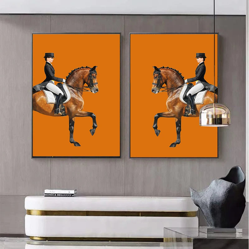 Chic Orange Black Dressage Wall Art Fine Art Canvas Print - Modern Equestrian Pictures For Living Room Dining Room Art For Contemporary Interiors