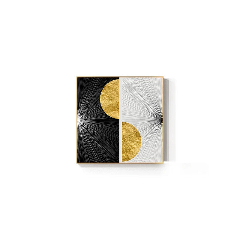 Modern Abstract Black White Golden Sun Wall Art Fine Art Canvas Prints - Square Format Artworks For Living Room Dining Room Art For Contemporary Interiors