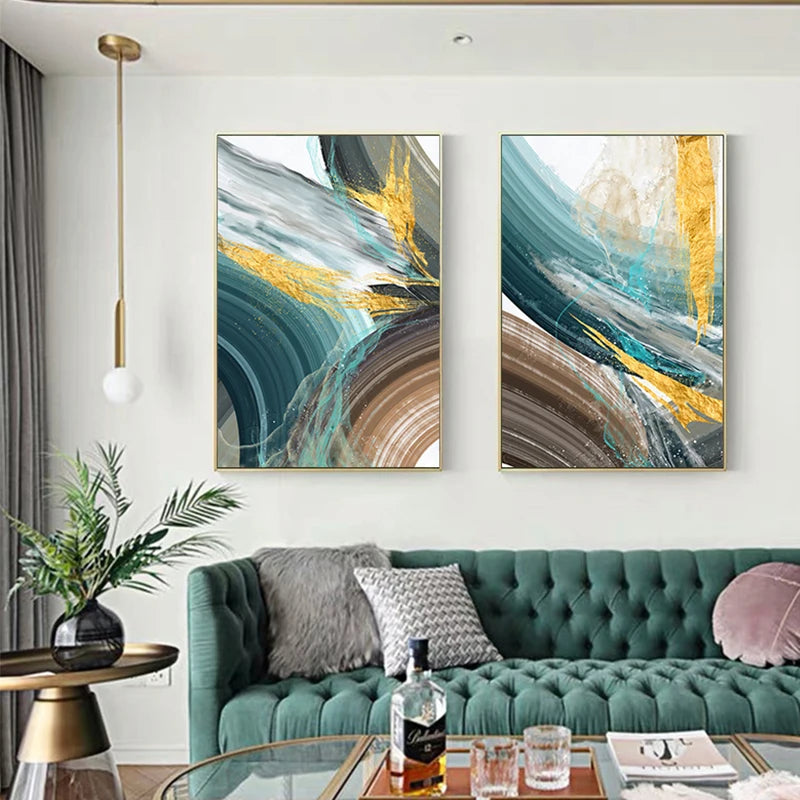 Modern Abstract Brown Green Golden Geode Wall Art Fine Art Canvas Prints - Chic Stylish Artworks For Living Room Dining Room Light Luxury Home Decor.