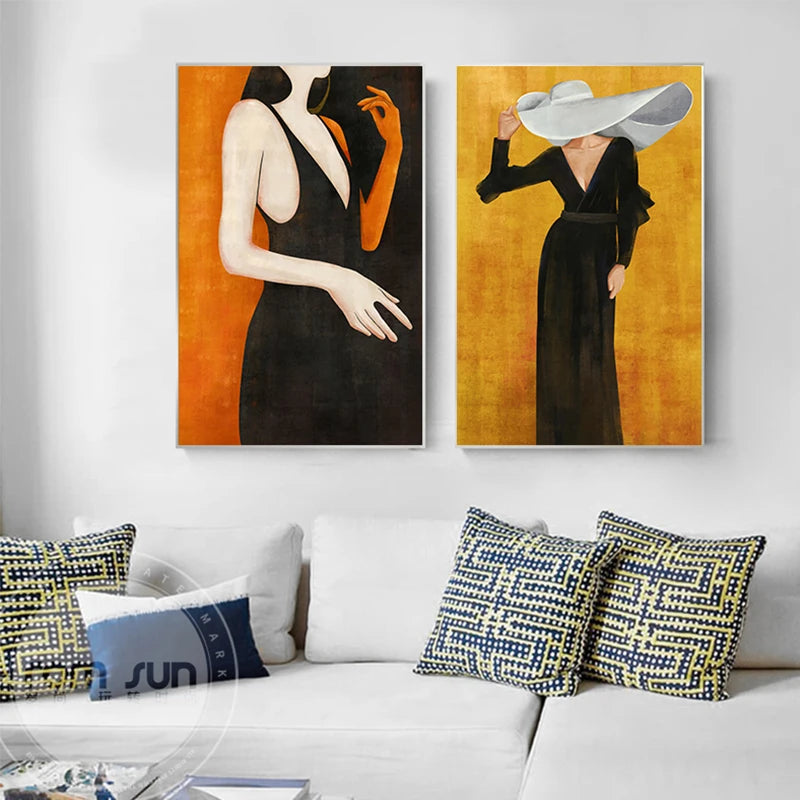 Girl In Black Dress Big Hat Fashion Wall Art Fine Art Canvas Prints - Modern Abstract Fashion Art For Living Room Boutique Salon Art Decor