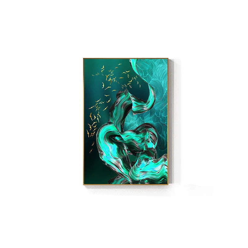 Golden Birds Flowing Abstract Landscapes Wall Art Fine Art Canvas Prints - Modern Art For Living Room Dining Room Light Luxury Auspicious Home Decor