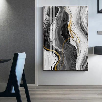 Blue Grey Golden Flowing Abstract Wall Art Fine Art Canvas Prints - Modern Artworks For Living Room Dining Room Bedroom Art For Light Luxury Home Decor