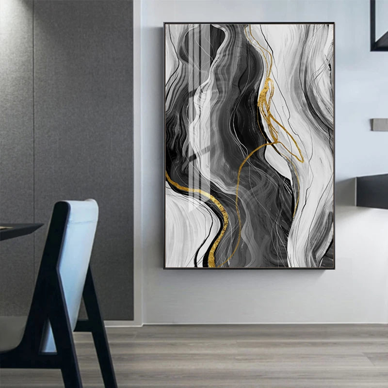 Blue Grey Golden Flowing Abstract Wall Art Fine Art Canvas Prints - Modern Artworks For Living Room Dining Room Bedroom Art For Light Luxury Home Decor