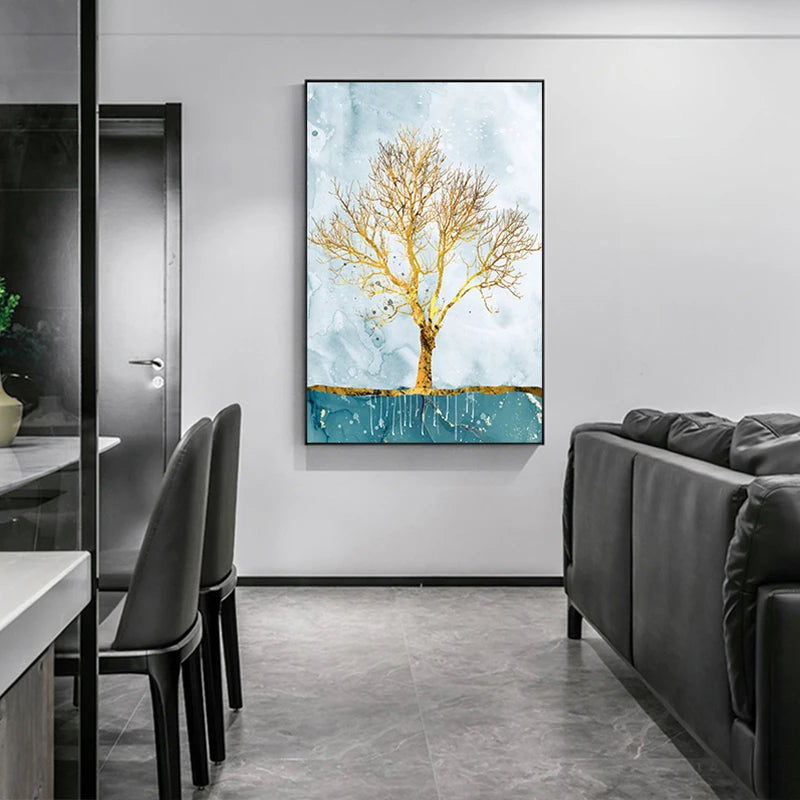 Golden Birds Butterfly Tree Auspicious Wall Art Fine Art Canvas Prints - Light Luxury Abstract Landscape Pictures For Living Room Dining Room Art For Modern Interiors