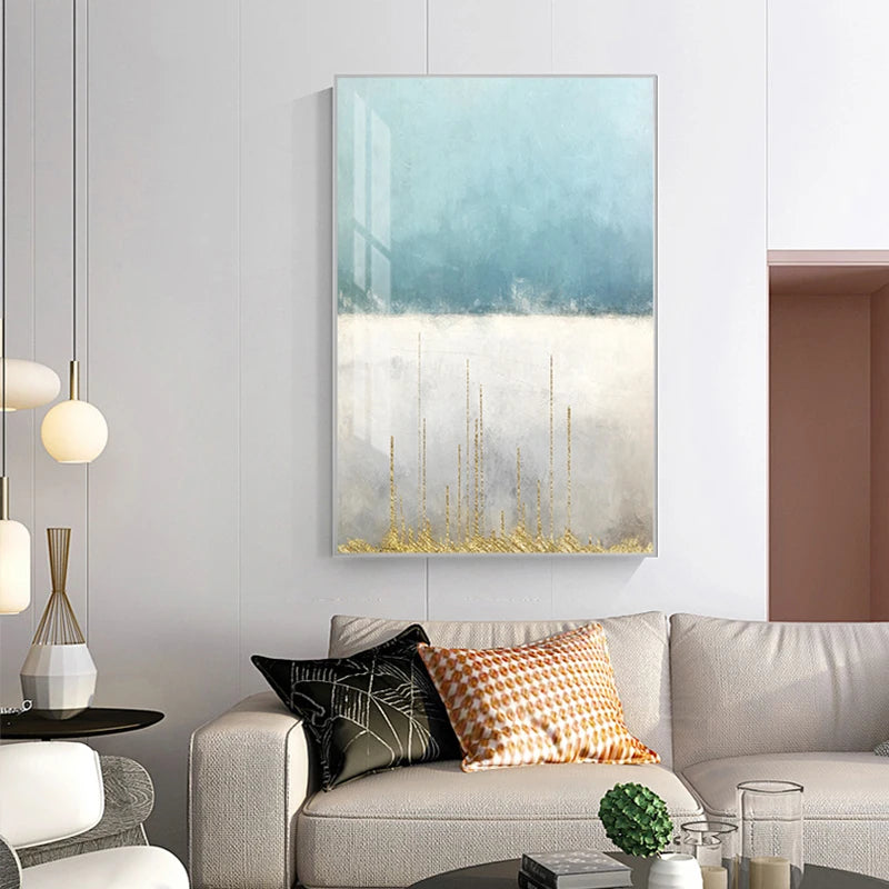 Minimalist Light Blue Grey Golden Abstract Wall Art Fine Art Canvas Prints - Art For Modern Apartment Living Room Bedroom Office Art For Contemporary Interiors