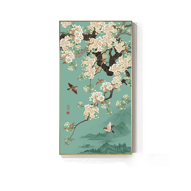Oriental Blossom Floral Wall Art Fine Art Canvas Prints - Vintage Chinoiserie Pictures For Living Room Dining Room Bedroom Art Decor