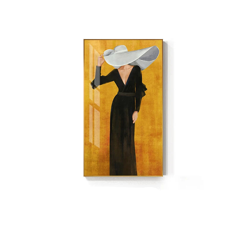 Girl In Black Dress Big Hat Fashion Wall Art Fine Art Canvas Prints - Modern Abstract Fashion Art For Living Room Boutique Salon Art Decor