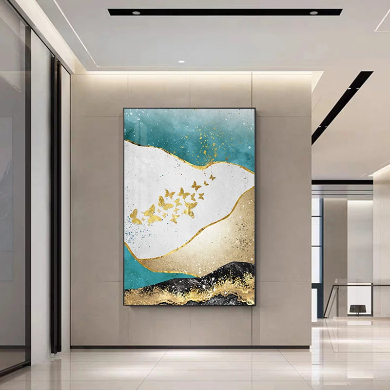 Golden Birds Butterfly Tree Auspicious Wall Art Fine Art Canvas Prints - Light Luxury Abstract Landscape Pictures For Living Room Dining Room Art For Modern Interiors