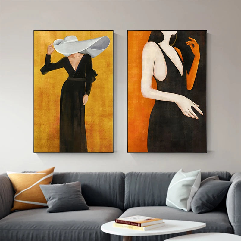 Girl In Black Dress Big Hat Fashion Wall Art Fine Art Canvas Prints - Modern Abstract Fashion Art For Living Room Boutique Salon Art Decor